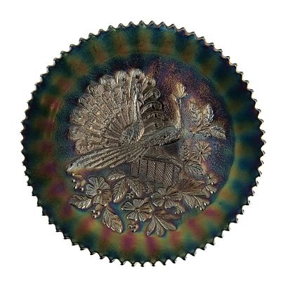 Carnival Glass: Northwood Peacocks on Fence Plate. Amethyst purple. A really tough combination 