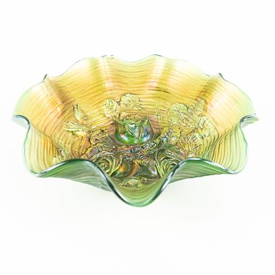 Carnival Glass: Northwood Rose Show Ruffled Bowl. Green. A very tough color to find. Has nice 