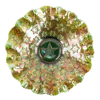 Carnival Glass: Millersburg Many Stars Bowl. Beautiful green color with a 5-point star and 