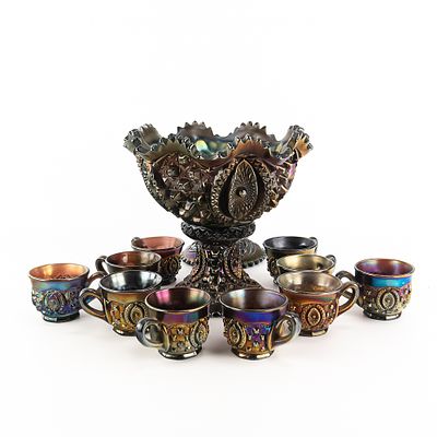Carnival Glass: Northwood Memphis 13pc Punch Set. Purple, highly collectable pattern. Includes 