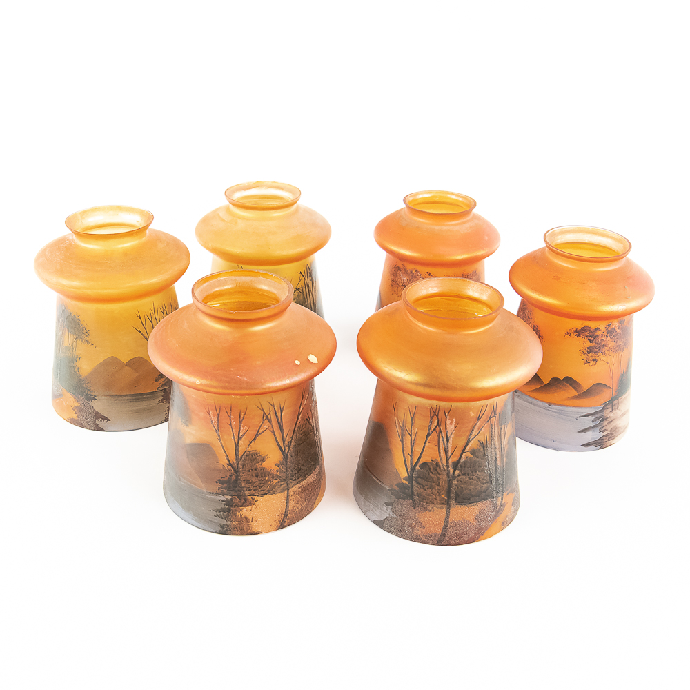 Carnival Glass: Czech Enameled Lake Shades 6pc Lot