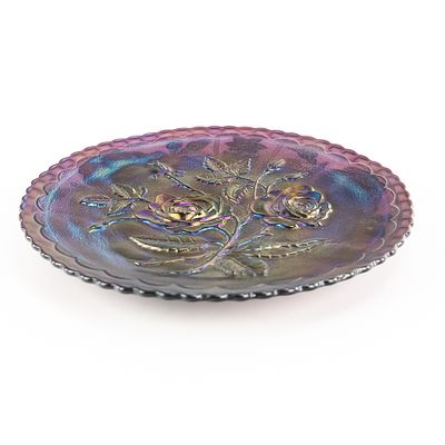 Carnival Glass: Imperial Open Rose Plate. Purple plate with a well-iridized front and an 