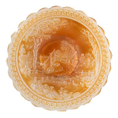 Carnival Glass: Imperial Homestead Chop Plate. Features the Nuart signature and an absolutely 