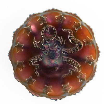 Carnival Glass: Fenton 1914 Parkersburg Elks Plate. Advertising piece in blue with beautiful 