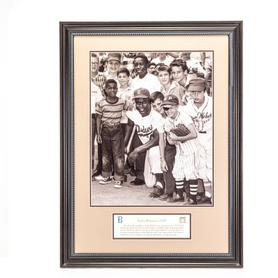 Framed Jackie Robinson 1952 World Series. Print Size: 16” wide by 24” tall black & white print 