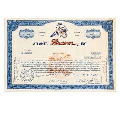 1974 Atlanta Braves Inc. One MLB Stock Share. Scarce and popular original Atlanta Braves, Inc. 