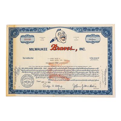 1963 Milwaukee Braves One MLB Stock Share. Scarce and popular original Atlanta Braves, Inc. 