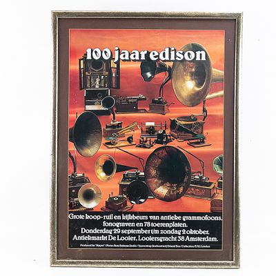 Framed 100 Jaar Edison Poster. This vintage Dutch exhibition poster celebrates "100 Jaar Edison" 