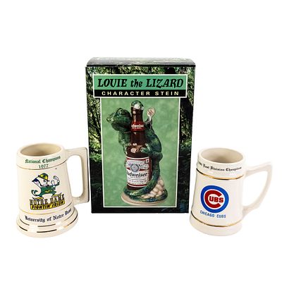 NIB Louie the Lizard Budweiser & Cubs ND Steins. Collection features NIB Louie the Lizard 