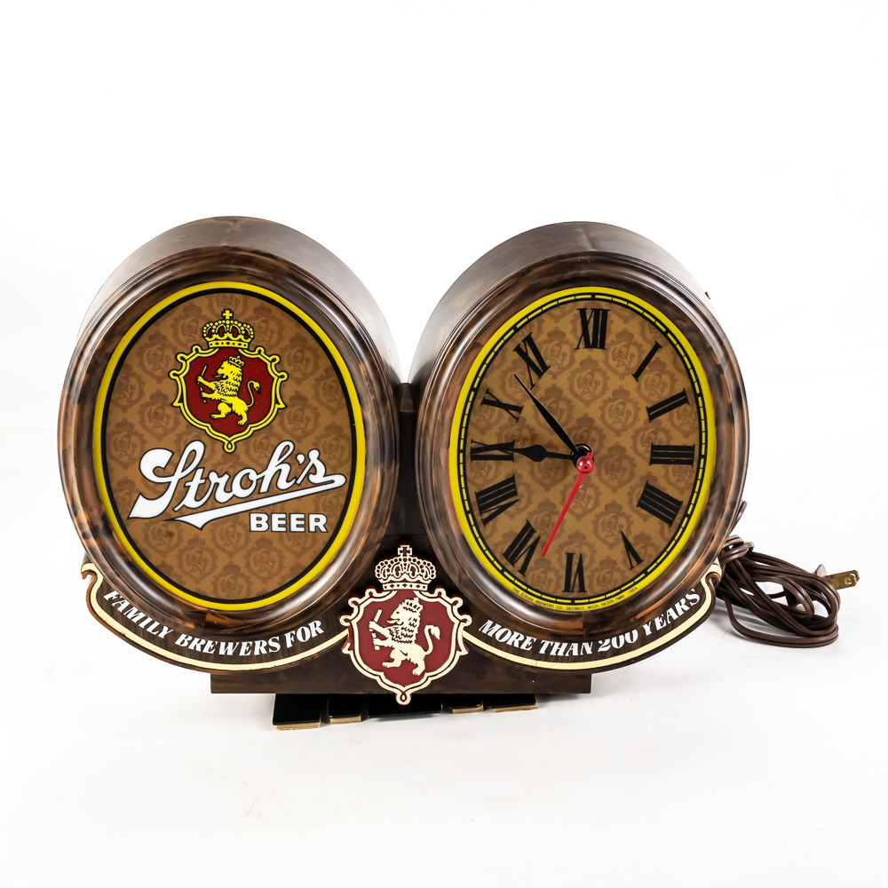 Vintage Stroh's Beer Lighted Sign and Clock