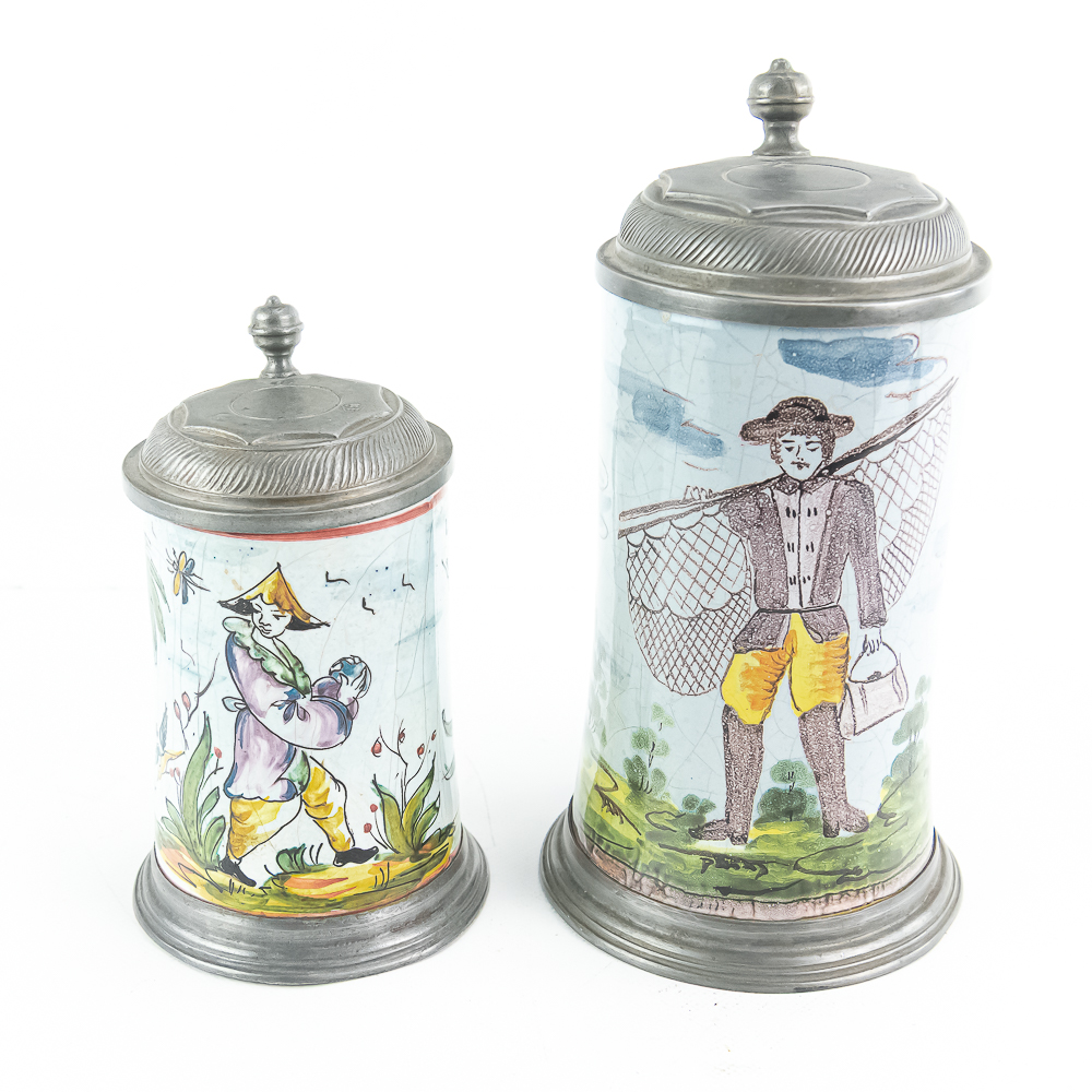 2 Rare German Faience Beer Steins