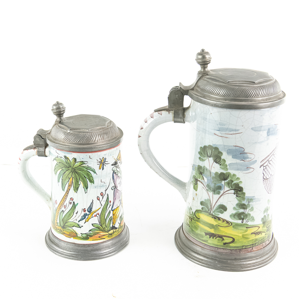 2 Rare German Faience Beer Steins