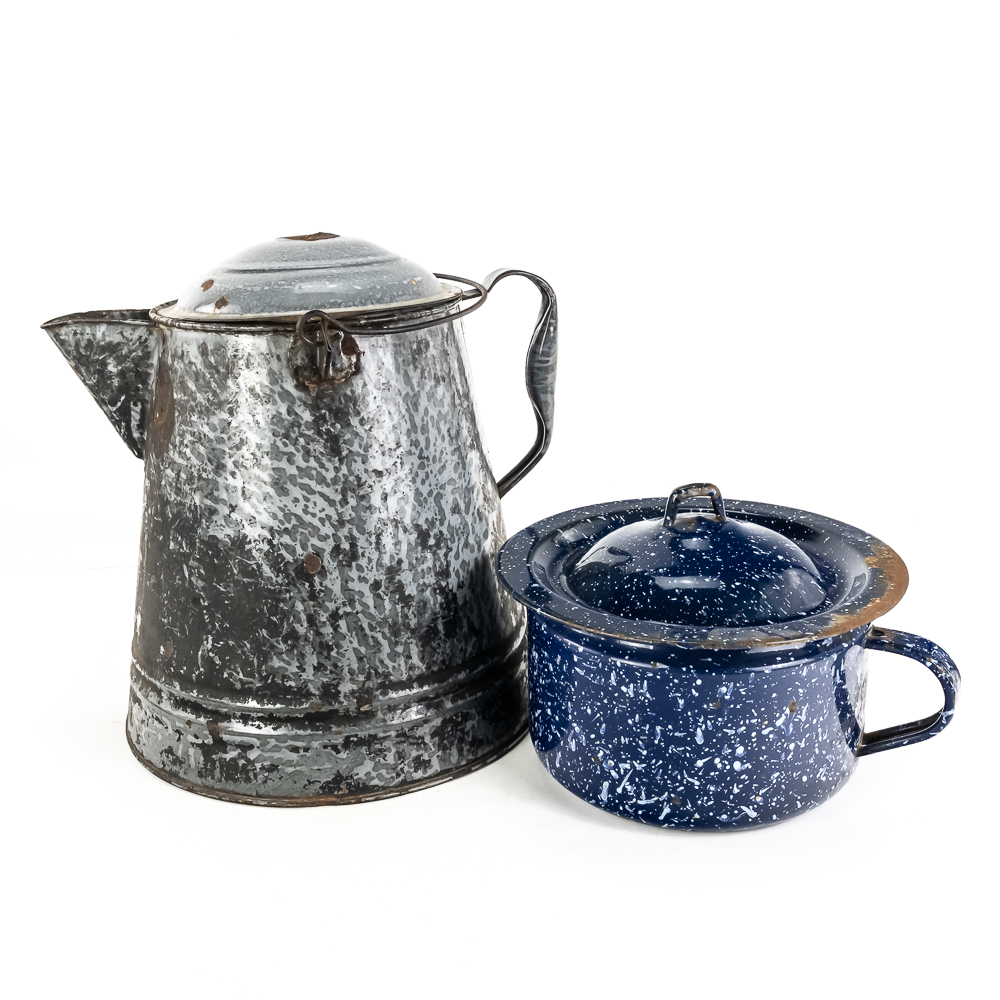 (2) Vintage Graniteware Coffee & Chamber Pot