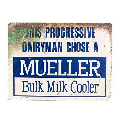 Mueller Bulk Milk Cooler Single-Sided Tin Sign, vintage advertising sign, given to farmers and 