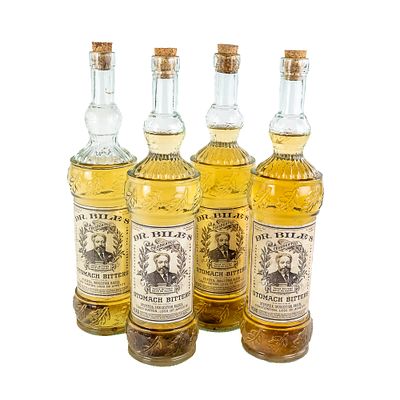 (4) Dr. Biles' Stomach Bitters Medicinal Tonic, modern novelty reproduction bottles marketed as 