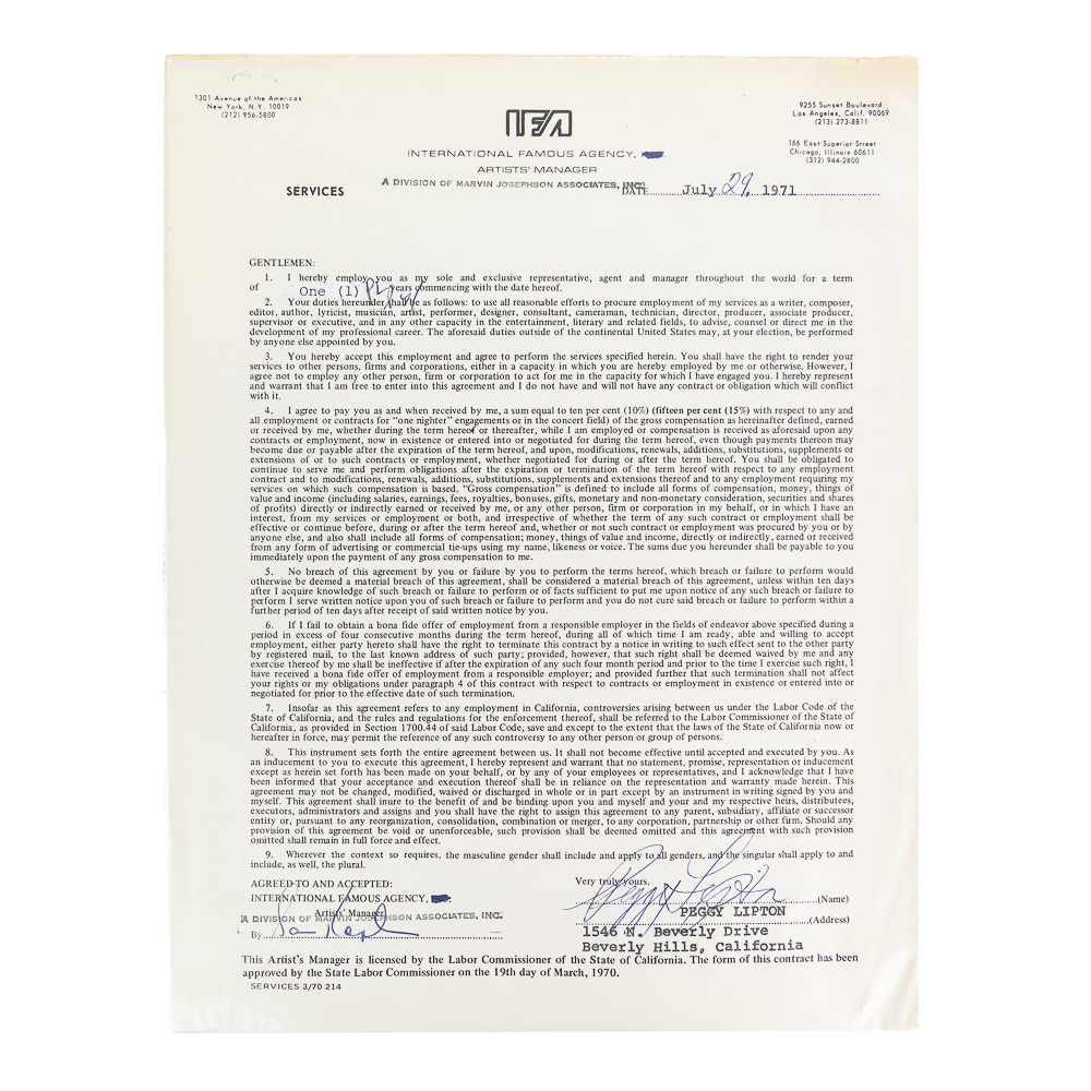 Peggy Lipton Autographed 1971 Warner Bros Contract
