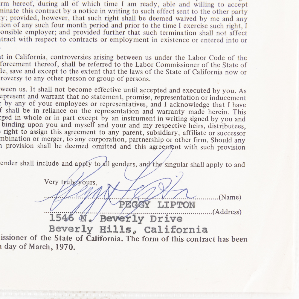 Peggy Lipton Autographed 1971 Warner Bros Contract