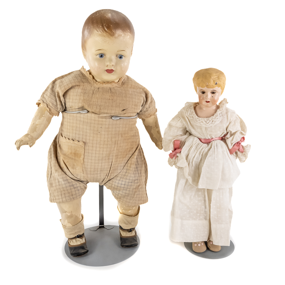 Antique German Bisque-Head Doll & Baby Doll
