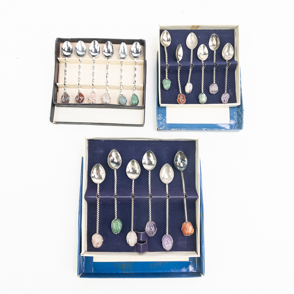 (3) Semi Precious Stone Demitasse Spoon Sets