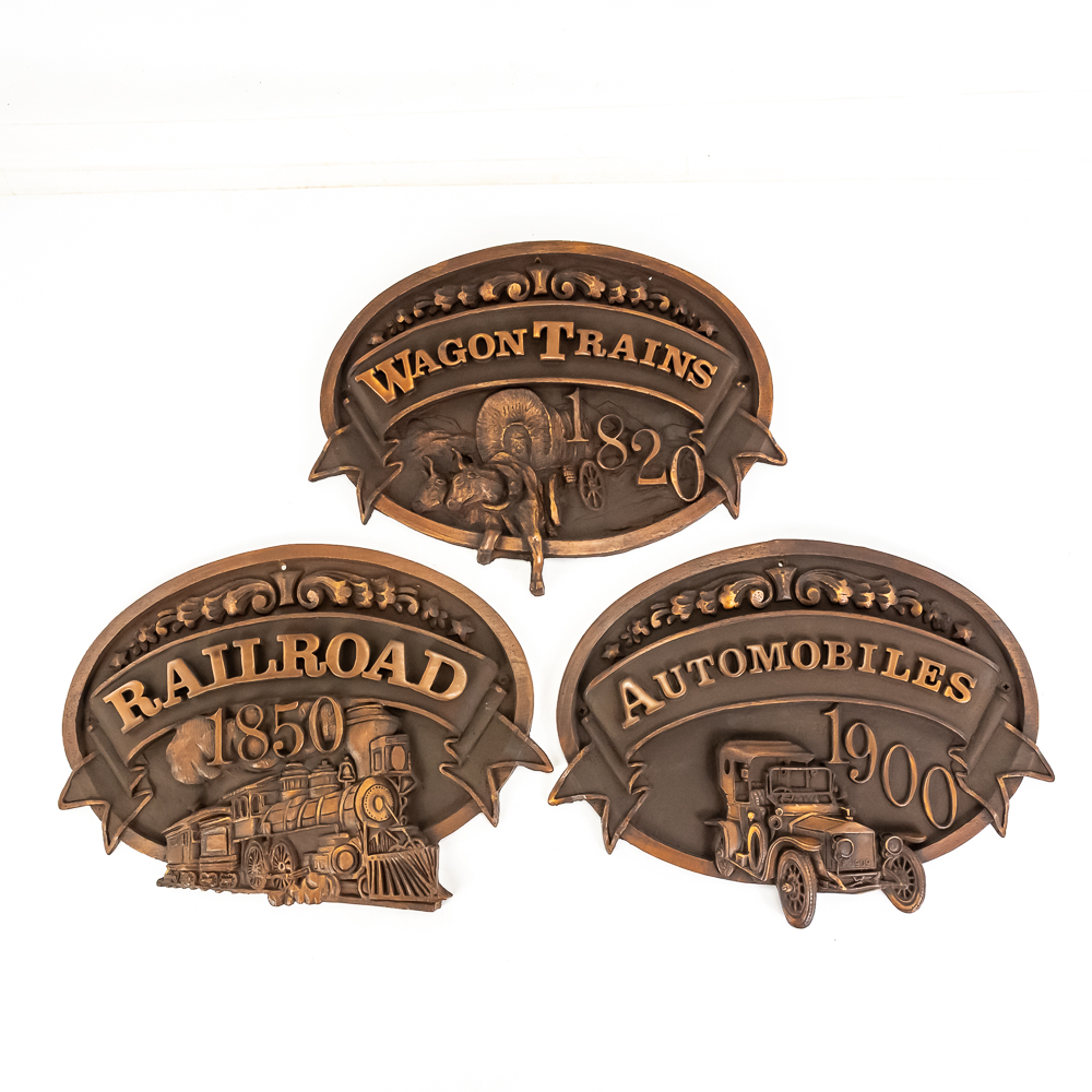 (3) Vintage-Style 3D Auto, RR, Wagon Wall Plaques
