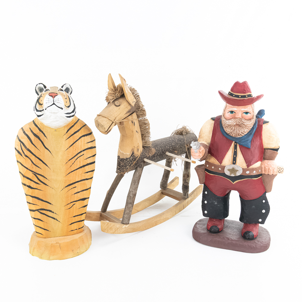 (3) Folk Art, Wooden Figurine, Easel