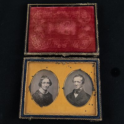 2 - 1/9 Plate Daguerreotypes in 1/4 Plate Case. 2 - 1/9plate Dags of a husband and wife mounted 