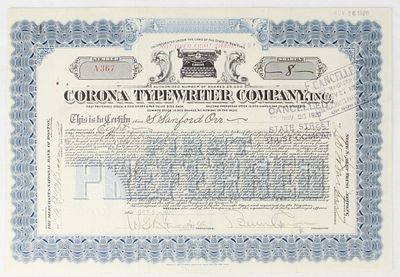 1920 Corona Typewriter Co. Stock Certificate. Certificate No. A367 for 8 shares of First 