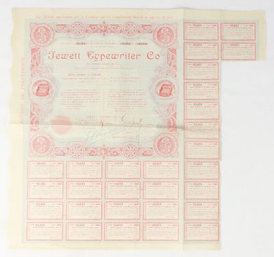 1903 Jewett Typewriter Co. Bond Certificate. $20 Bearer Bond certificate for the Jewett 