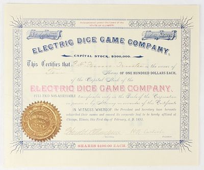 1893 Electric Dice Game Co. Stock Certificate. Certificate No. 145 for 10 shares of stock in the 
