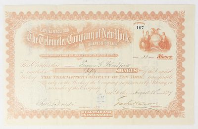 1884 Telemeter Co. of New York Stock Certificate. Certificate No. 107 for 50 shares of stock in 