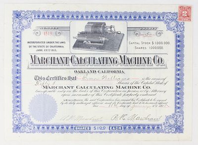 Marchant Calculating Machine Co. Stock Certificate. Certificate 1519 for 50 shares of stock in 