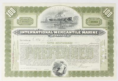 International Mercantile Marine Stock Certificate. Certificate No. 48313 for 100 shares of the 