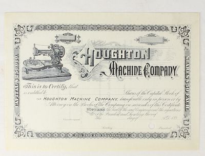 Houghton (Sewing) Machine Co. Stock Certificate. Unissued stock certificate from the 1890's for 