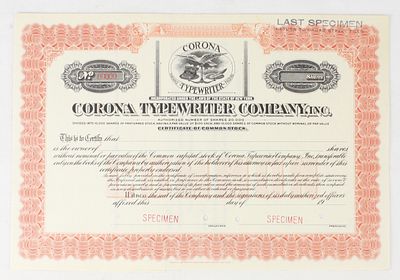 Corona Typewriter Co. Stock Certificate. Specimen stock certificate for the Corona Typewriter 
