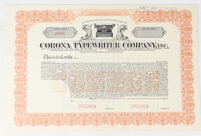 Corona Typewriter Co Stock Certificate. Specimen stock certificate for the Corona Typewriter 