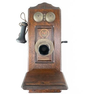 Swedish-American Co. Hercules Oak Wall Phone. Turn-of-the-century quartersawn oak crank wall 