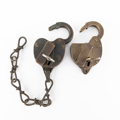 Pair Brass Railroad Switch Locks w/Keys. This fine pair of authentic antique cast brass 