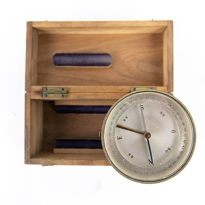 Antique Brass Prismatic Surveyor's Compass W/Case. This 19th-century scientific instrument is a 