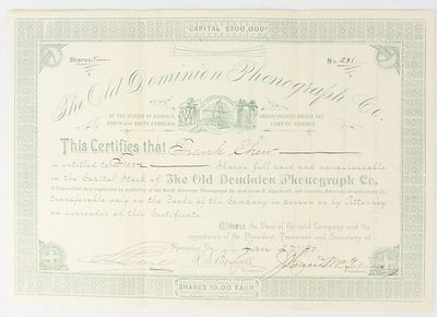 Old Dominion Phonograph Co Stock Certificate. Certificate No. 281 issued on Jan 27, 1890 for 5 