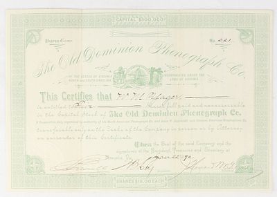 Old Dominion Phonograph Co Stock Certificate. Certificate No. 221 issued on Jan 22, 1890 for 5 