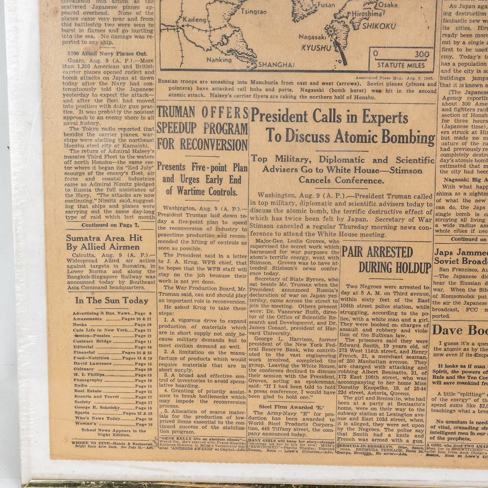 Framed Front Page NYSun 09Aug1945 Bombing Nagasaki