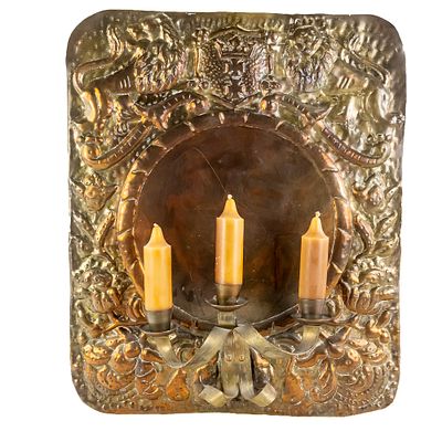Vintage Brass Repousse Wall Candle Sconce, featuring the Coat of Arms of the city of Gdansk 