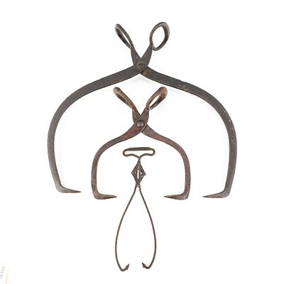 (3) Antique Oetting Bros & Gifford-Wood Ice Tongs. (3) Antique Ice Shredder & Tongs, includes an 