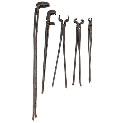 (5) Hand-Forged Blacksmith Tongs & Tools, includes a plowshare/edge tong, used for holding flat 