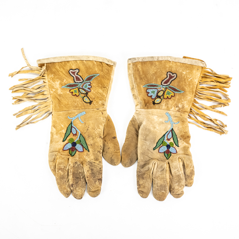 Vintage Beaded Buckskin Fringed Gauntlets
