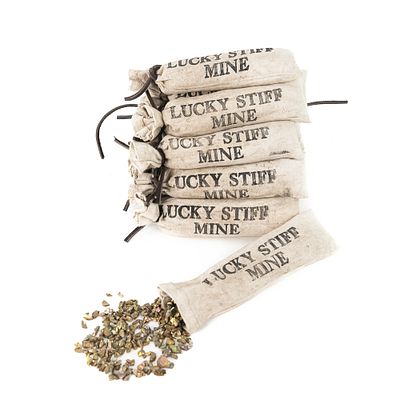 Lucky Stiff Mine Bags. Lot of 16, "Lucky Stiff Mine" bags. Made of canvas, each bag is filled 