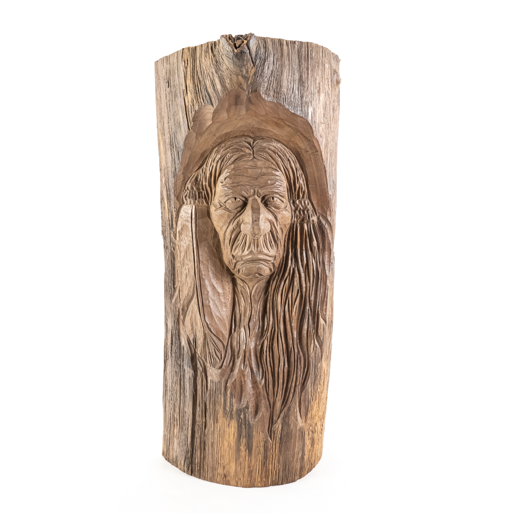 20" Hand Carved Native American Chief Tree Log