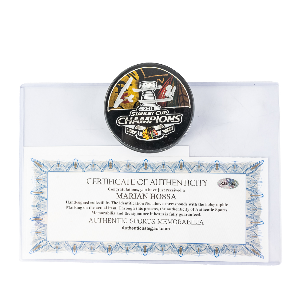 Marian Hossa Signed '13 Stanley Cup Champion Puck