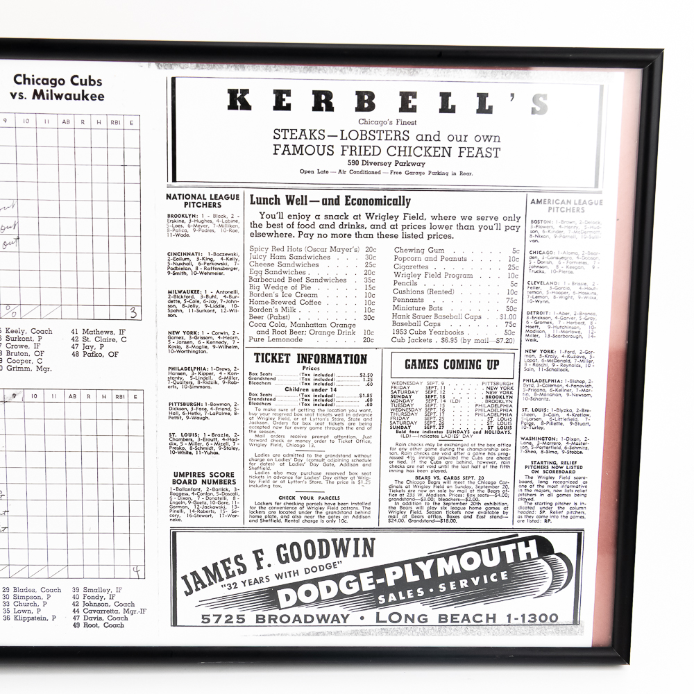 1953 Chicago Cubs Wrigley Field Framed Program