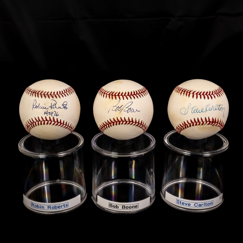 S. Carlton B Boone R Roberts Autographed Baseballs